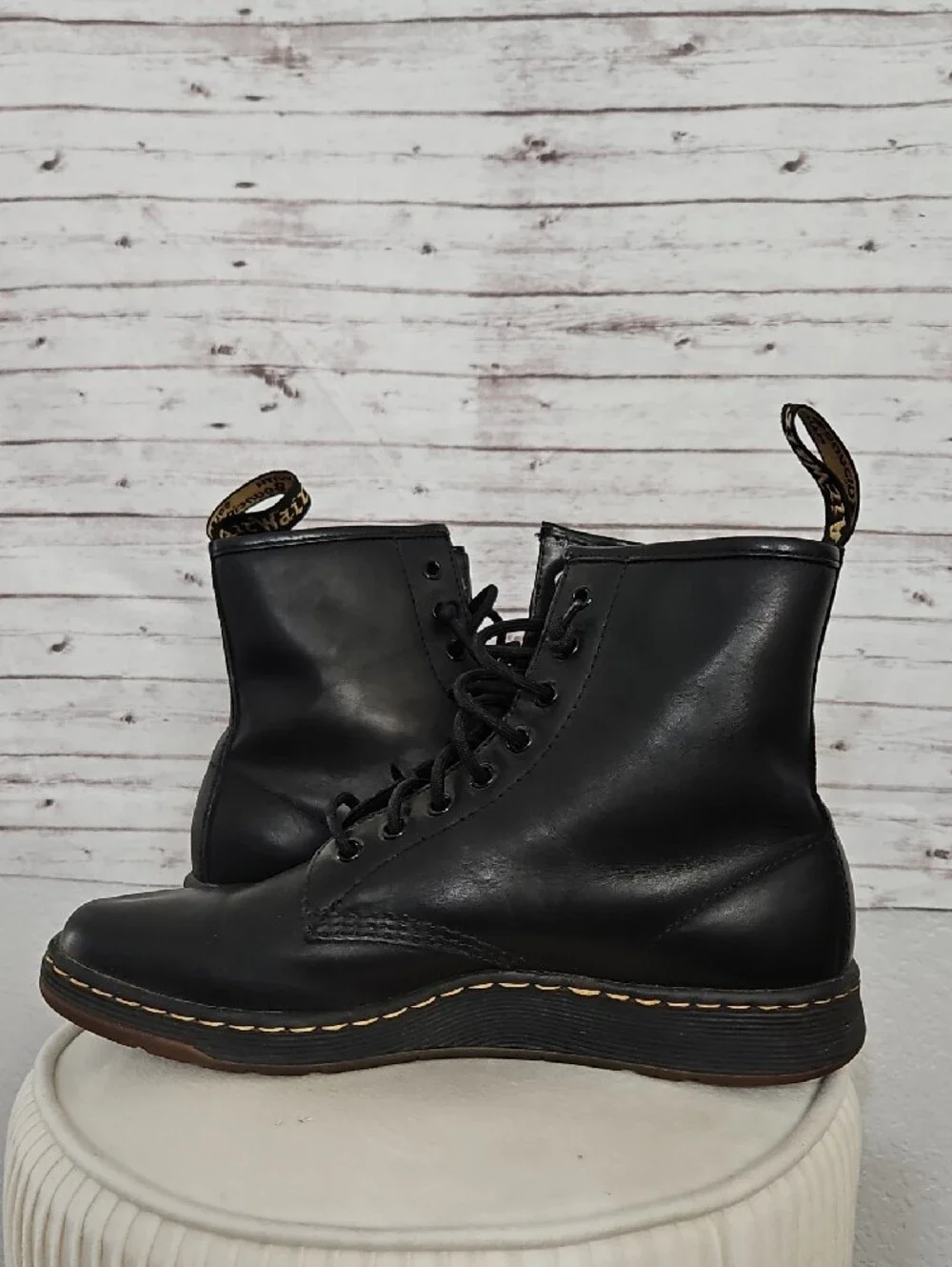 Dr. Martens Black Leather Lace-Up Ankle Boots with Contrast Stitching